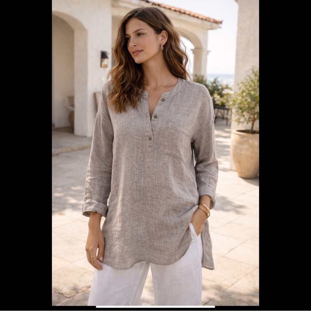 J. Jill Linen Henley Shirt Soft Blue Relaxed Fit Tunic Top